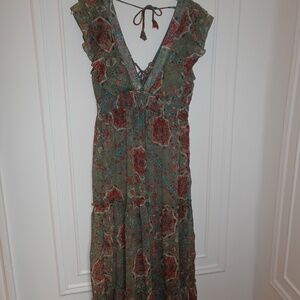 America & Beyond Green Patterned Sheer Dress Small